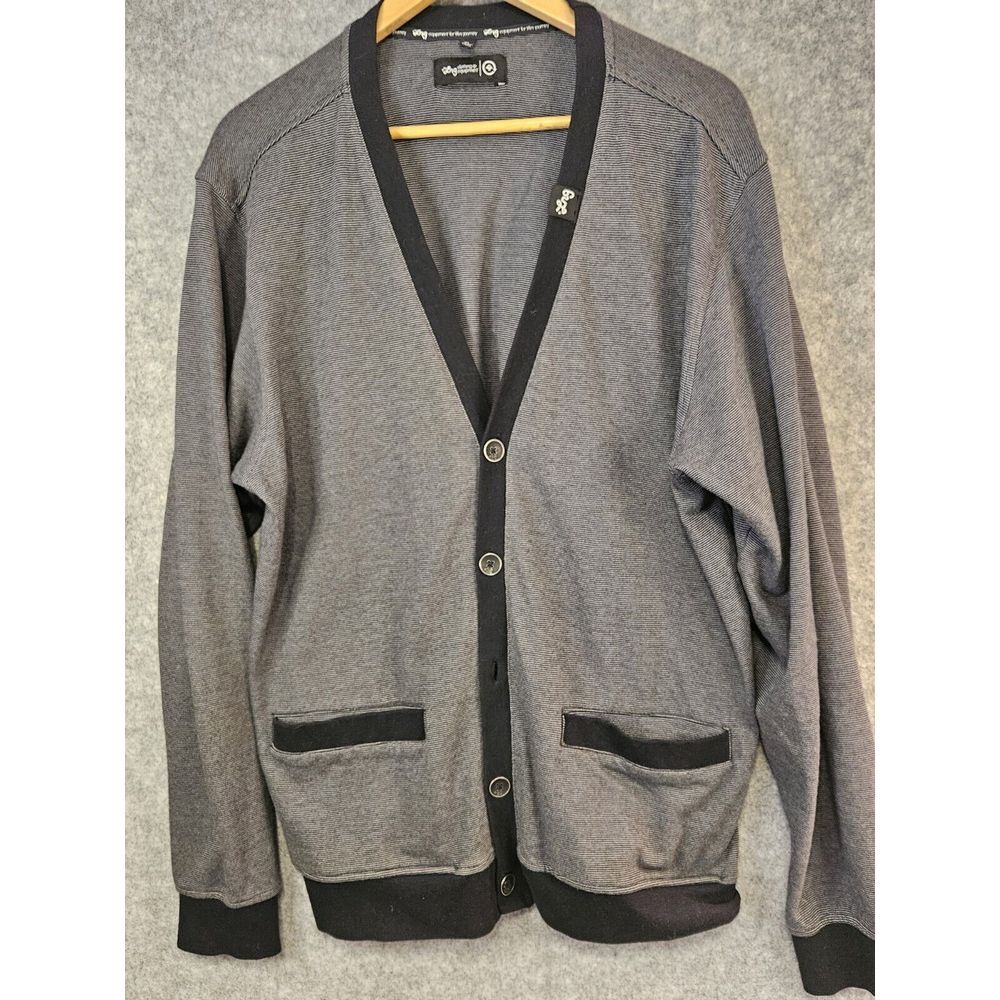LRG Clothing Equipment‎ Men's XL Cardigan Sweater Gray Stripe Preppy Button Up